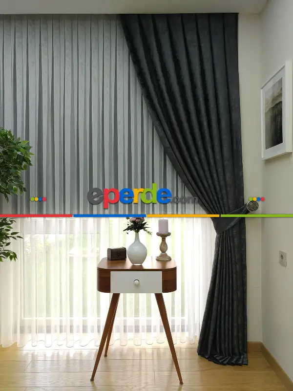 Antrasit Füme Renk Jakar Desenli Fon Perde- Antrasit