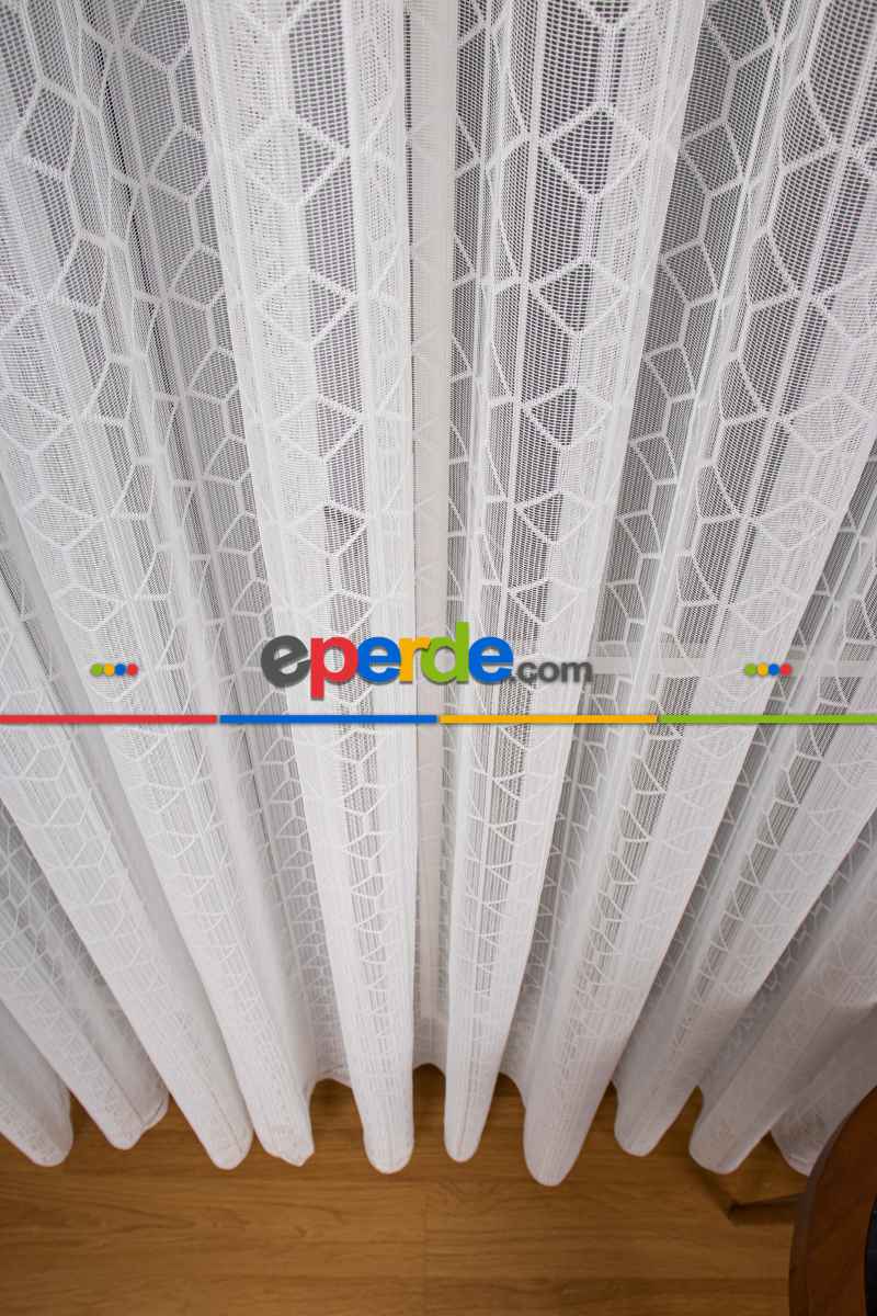 Salon - Taç Fransız Dantel Örme Tül Perde - Ekru