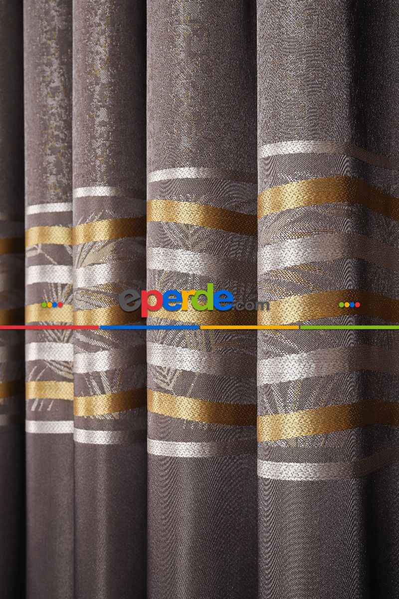 Salon - Hawai Füme-gri-gold Pano Fon Perde