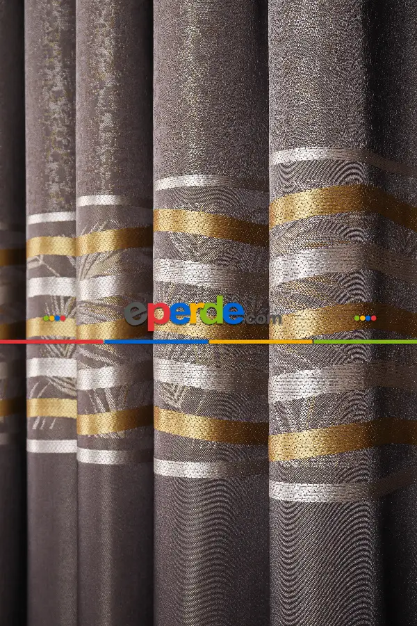 Salon - Hawai Füme-gri-gold Pano Fon Perde