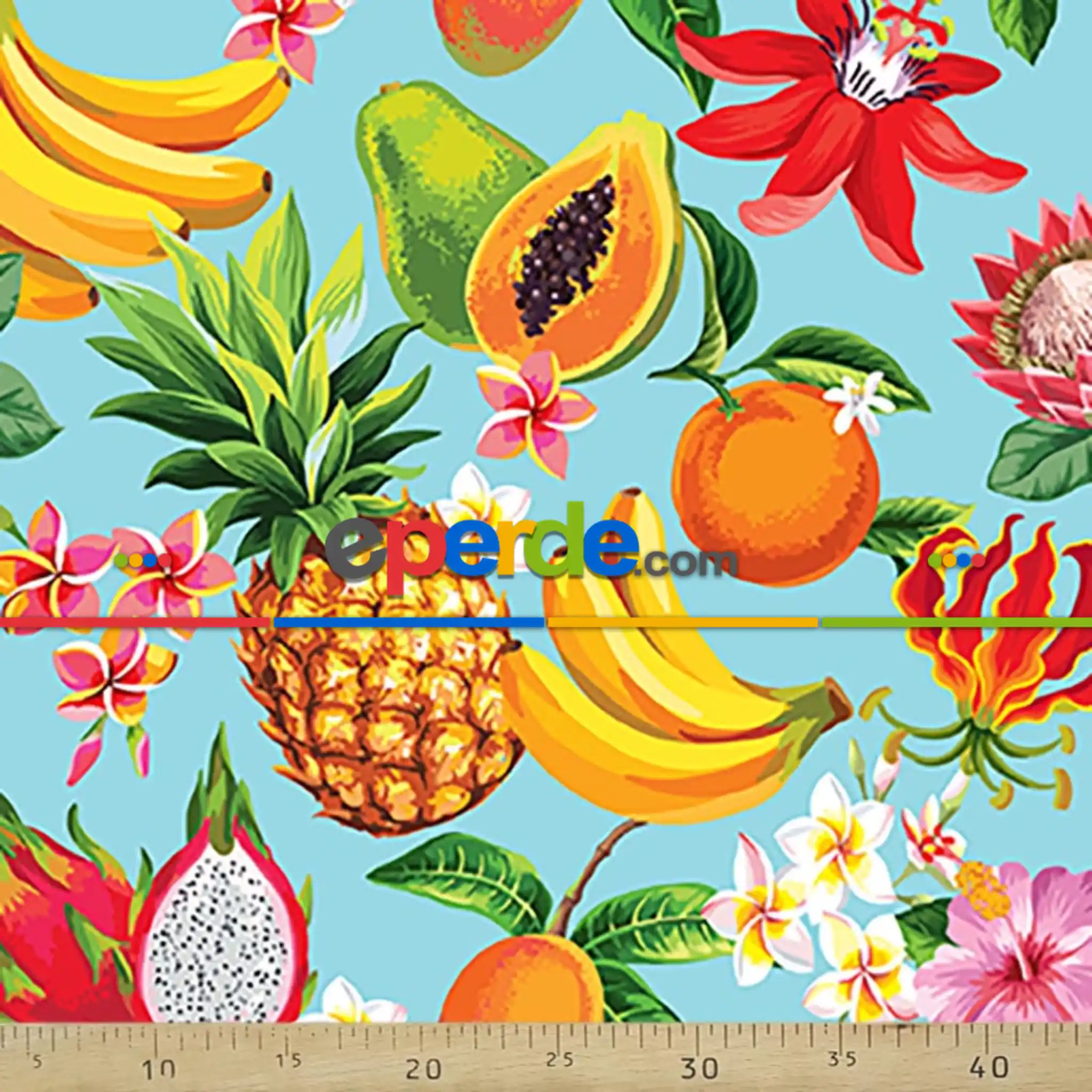 Tropikal Desenli Fon Perde Evm322 -t - Kumaşı Kalındır Duck Bezi Değildir.- Yeşil-Kırmızı-Sarı-Beyaz-Turkuaz-Çok Renkli