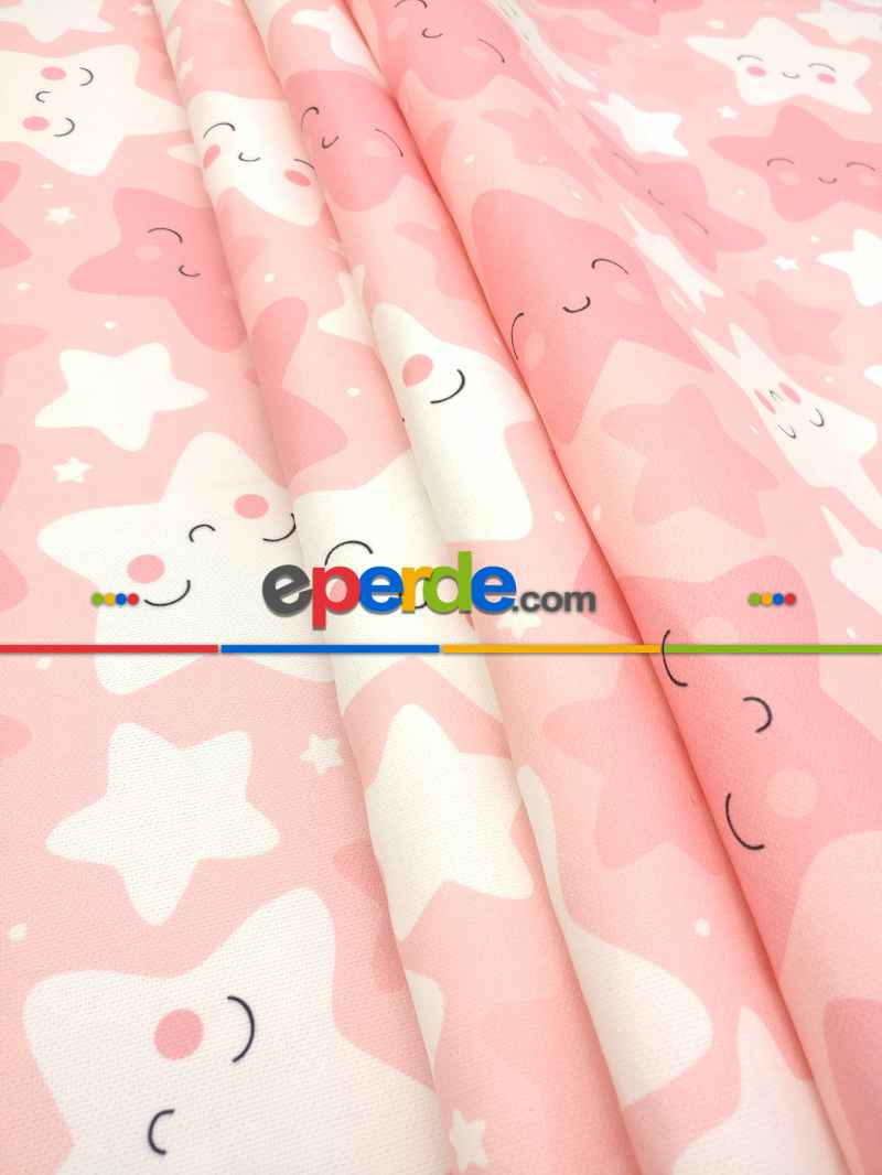 Bebek Odası Fon - Gülen Yıldızlar Fon Perde Modelleri- Pembe Açık