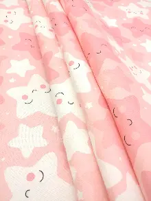 Çocuk Odası Fon - Gülen Yıldızlar Fon Perde Modelleri- Pembe Açık