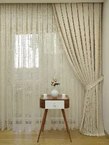 Krem Rengi Duz Jakar Fon Perde (150)- Krem