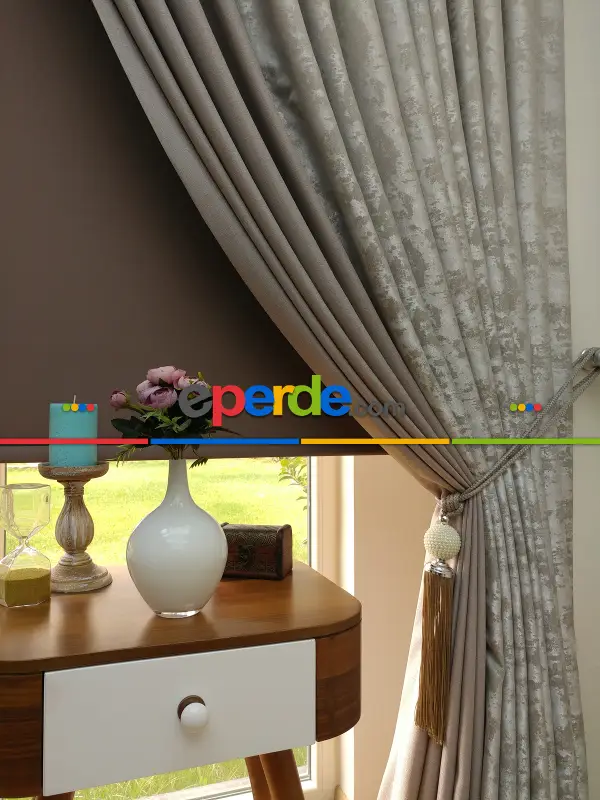 Patinedesenli Açık Vizon Pudra Renk Kombinli Desenli Fon Perde- Kahve Açık-gri Açık