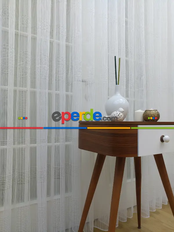 Ekru Zincir Çizgili Tül Perde- Ekru - Kurşunlu Tül