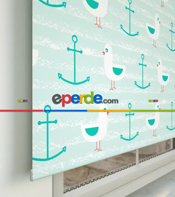 Bebek Odası - Çapa Desenli Baskılı Stor Perde- Yeşil-Çok Renkli