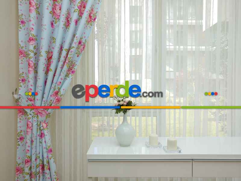 Yatak Odası - Çiçek Desenli Kaliteli Fon Perde Modelleri- Turkuaz-Pembe-Açık Yeşil