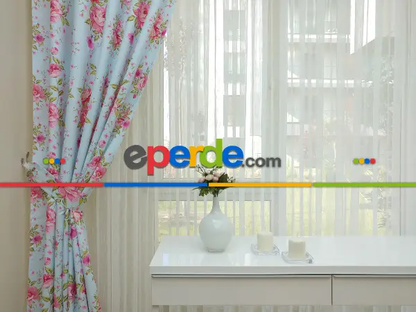 Yatak Odası - Çiçek Desenli Kaliteli Fon Perde Modelleri- Turkuaz-Pembe-Açık Yeşil