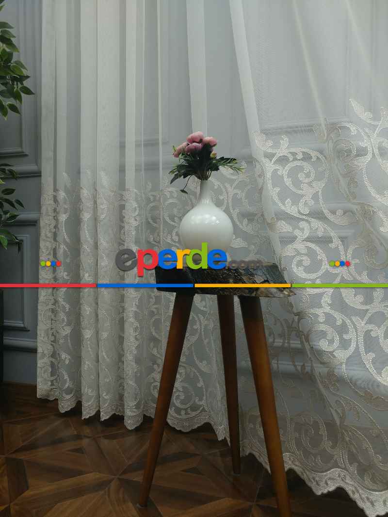 Salon Tül Perde - Eteği Duble Nakış İşlemeli Tül Perde Ikon 2021 -1- Krem