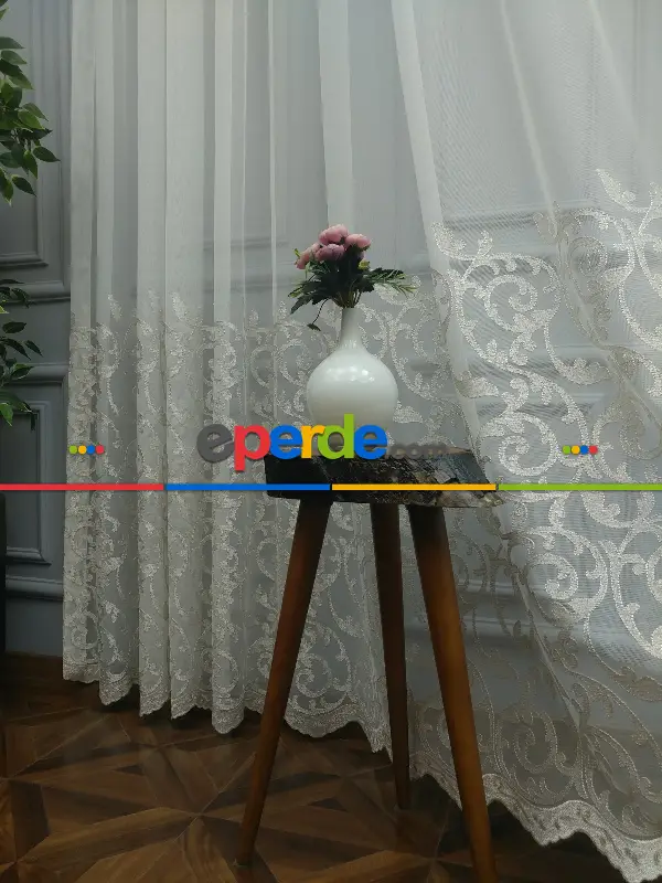 Salon Tül Perde - Eteği Duble Nakış İşlemeli Tül Perde Ikon 2021 -1- Krem