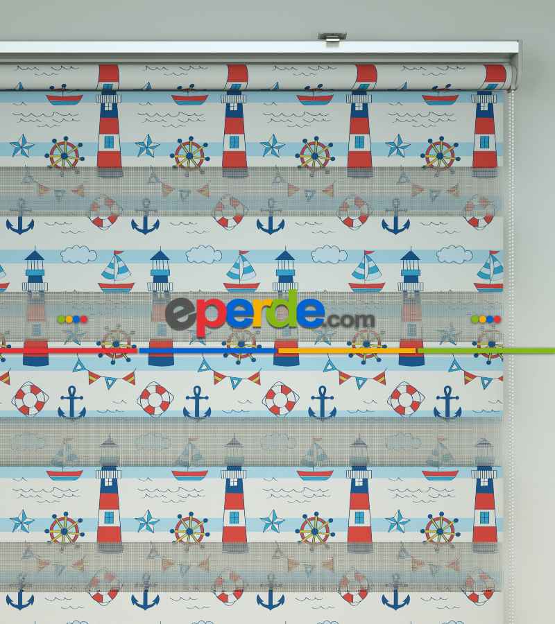 Bebek Odası Zebra Perde - Çapa Baskılı Zebra Perde- Mavi-Kırmızı-Beyaz