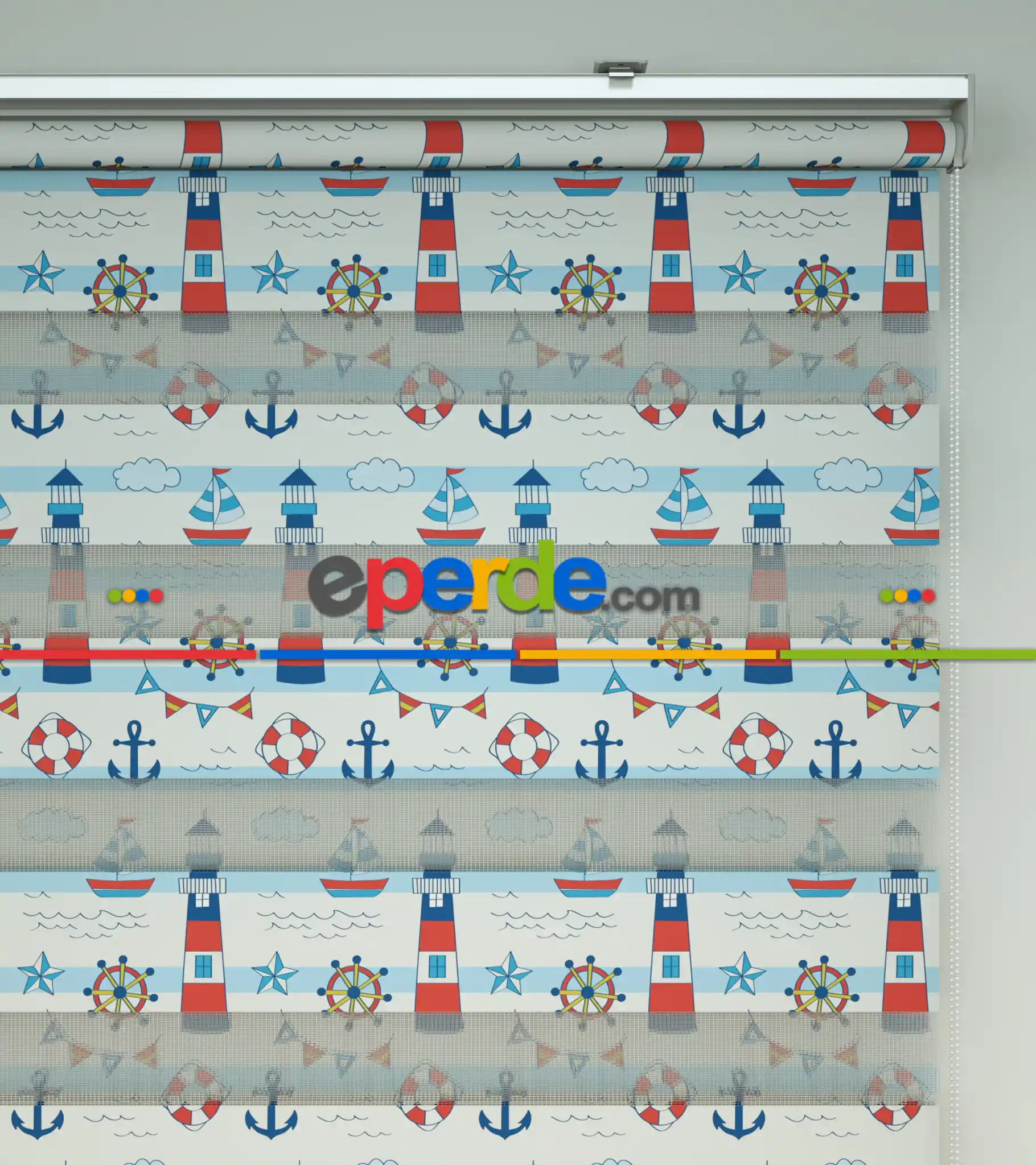 Bebek Odası Zebra Perde - Çapa Baskılı Zebra Perde- Mavi-Kırmızı-Beyaz