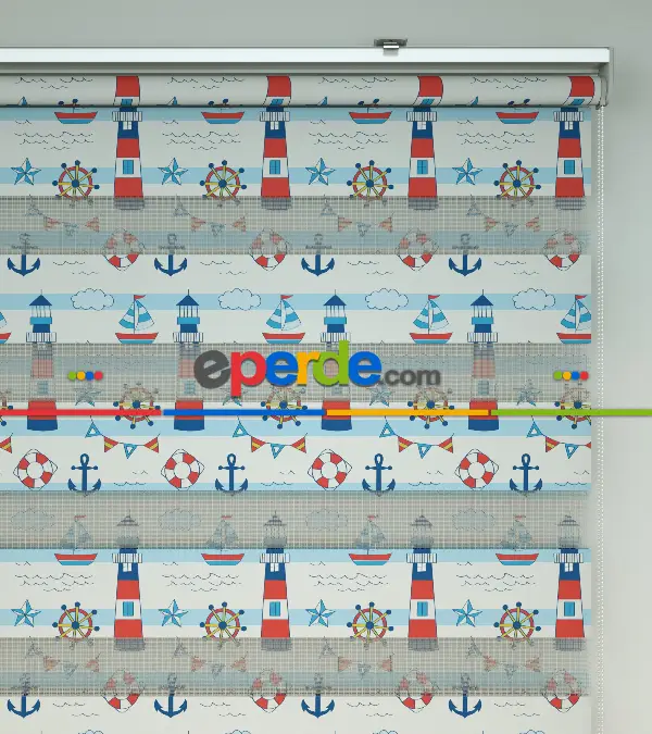 Bebek Odası Zebra Perde - Çapa Baskılı Zebra Perde- Mavi-Kırmızı-Beyaz