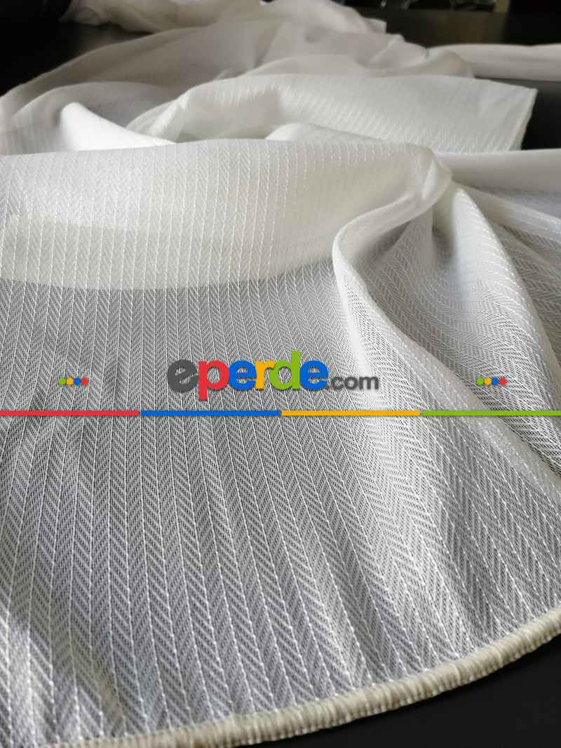 Armür Zemin Balık Sırtı Desen Boydan Çizgili Tül - Krem-bej