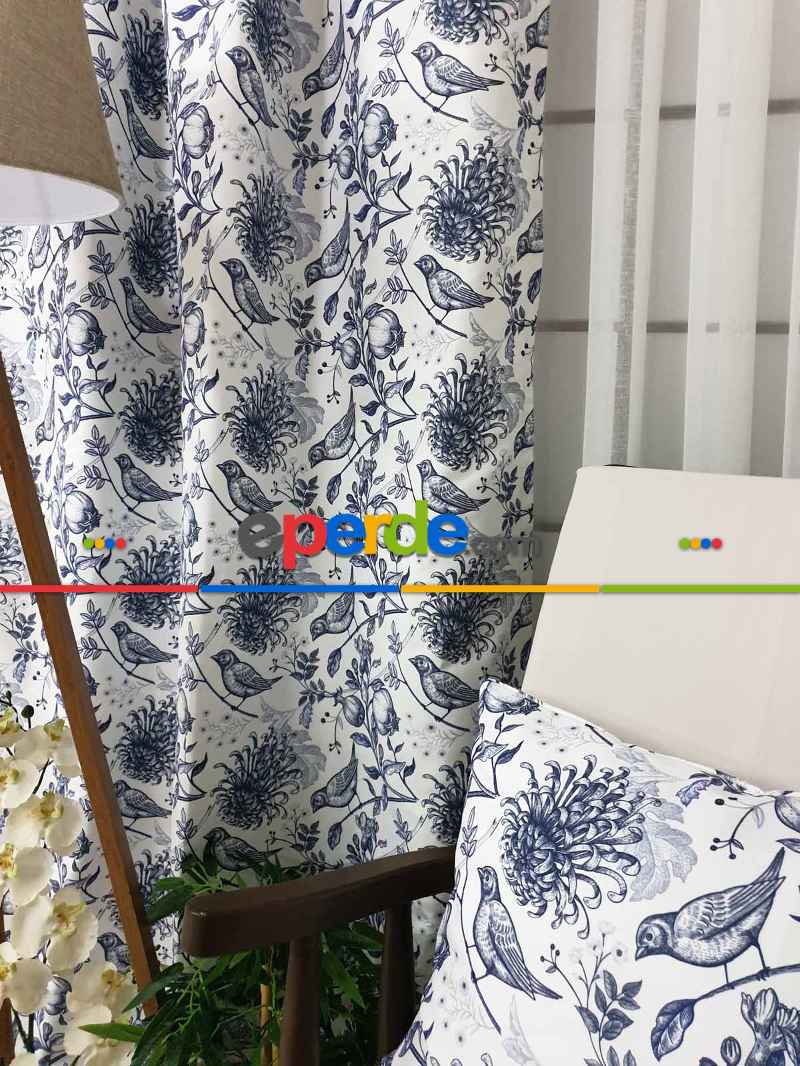 Kuş Desenli Fon Perde Evm580 Kumaşı Kalındır Duck Bezi Değildir- Beyaz