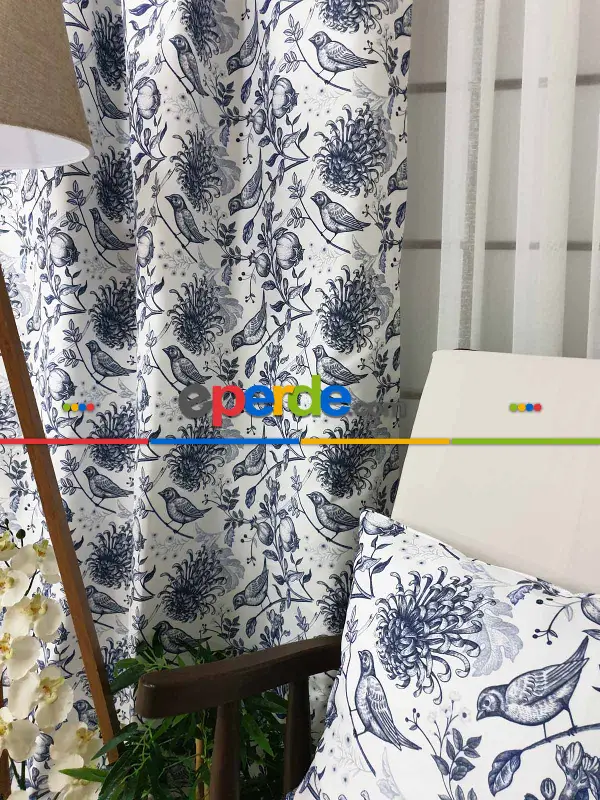 Yatak Odası - Kuş Desenli Fon Perde Evm580 Kumaşı Kalındır Duck Bezi Değildir- Beyaz