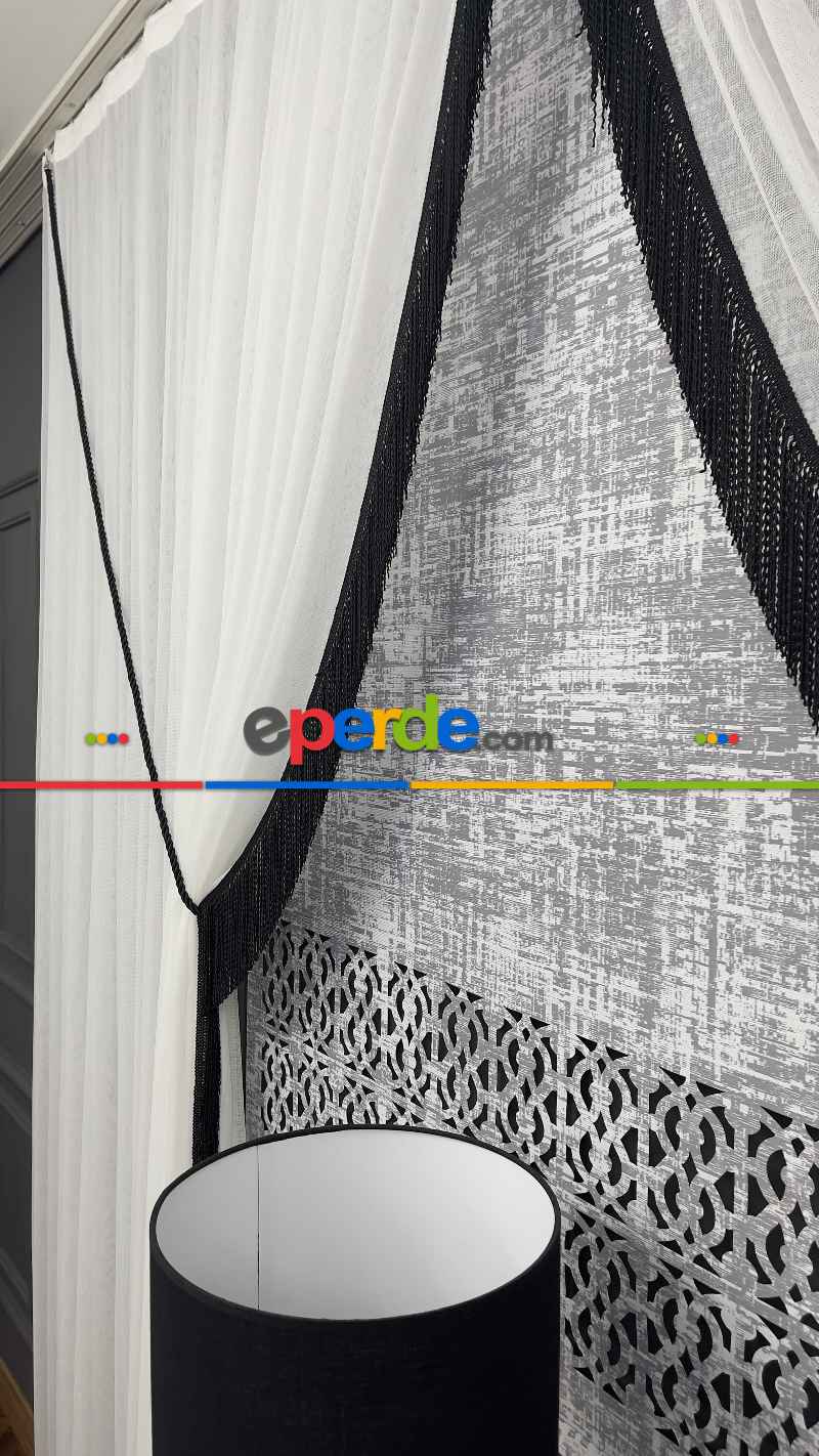 Salon Fon Siyah Saçak Detaylı Tül Fon Perde - Kordon Toplama-bambu Tül