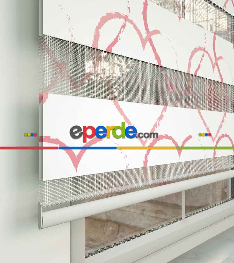 Kalp Desenli Baskılı Zebra Perde- Çok Renkli
