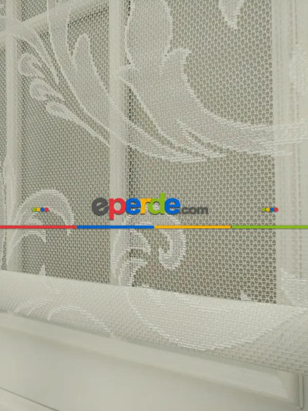 Jakar Örme Tül- Ekru Çiftli Sistem Dantel Desenli Perde- Ekru