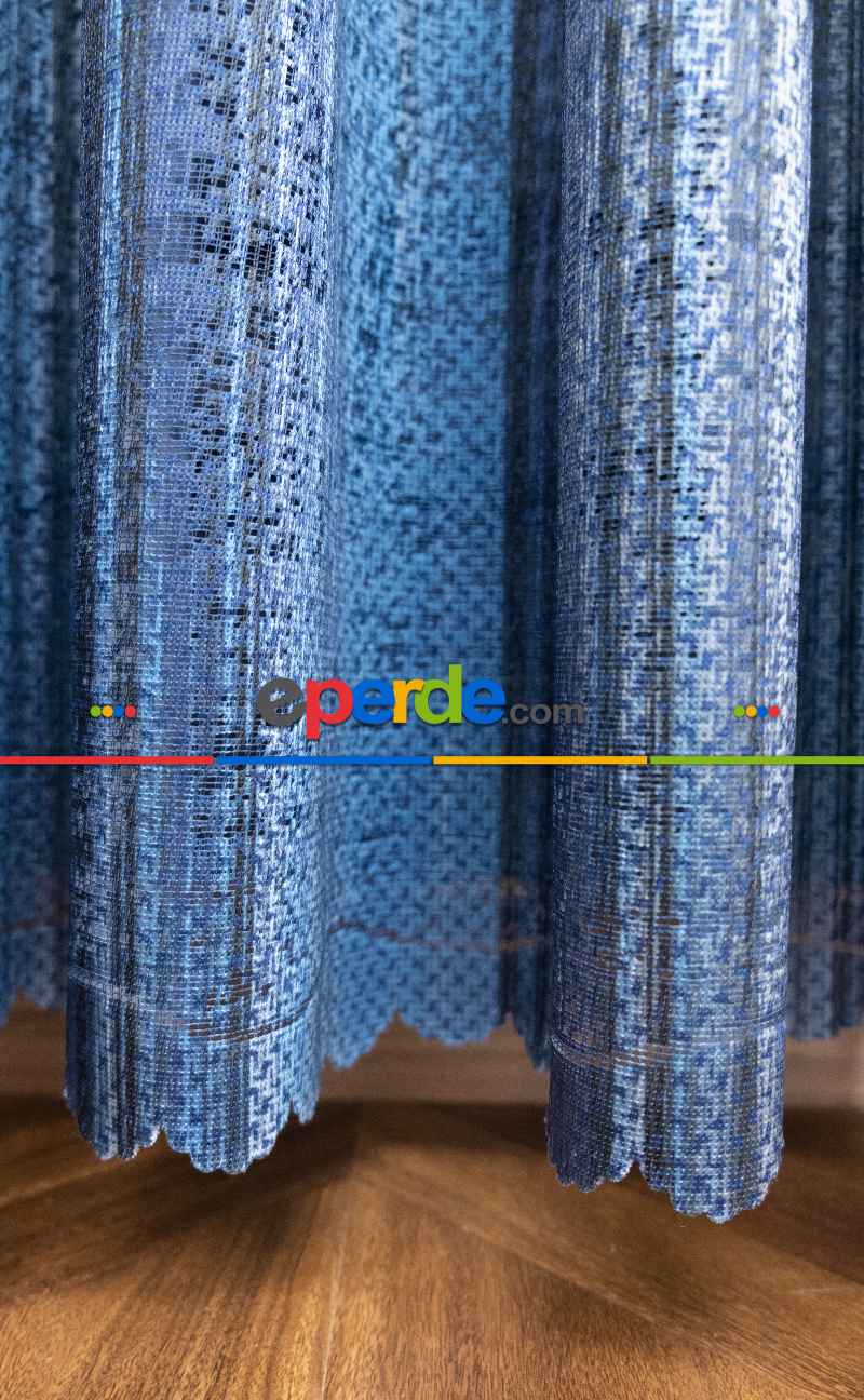Salon Tül Modelleri - Modern Mavi Desenli Degrade Geçişli Tül - Örme Dantel Tül
