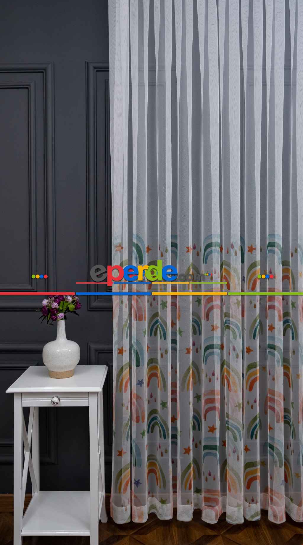 Hazır Ölçülü Petek Zemin Pastel Yeşili Sarı Ve Turuncu Renkli Gökkuşağı Desenli Grek Baskılı Tül Perde