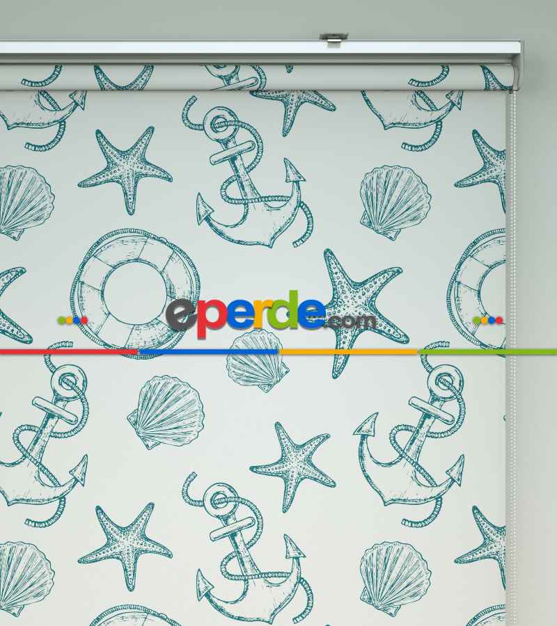 Bebek Odası Stor Perde - Denizci Desenli Baskılı Stor Perde- Yeşil-Ekru