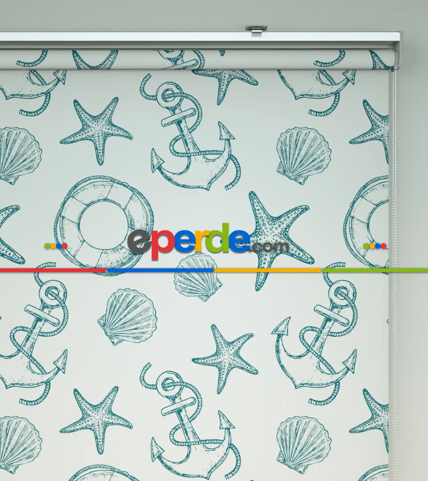 Bebek Odası Stor Perde - Denizci Desenli Baskılı Stor Perde- Yeşil-Ekru