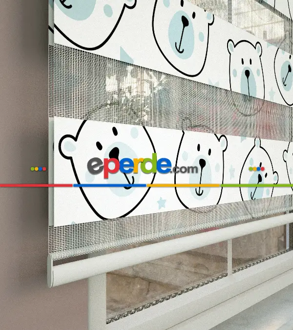 Mavi Ayıcık Desenli Baskılı Zebra Perde