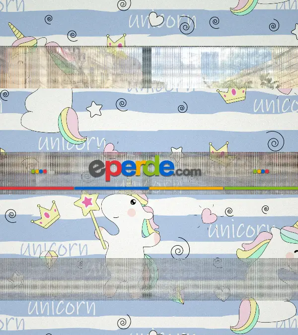 Unicorn Desenli Baskılı Zebra Perde- Çok Renkli