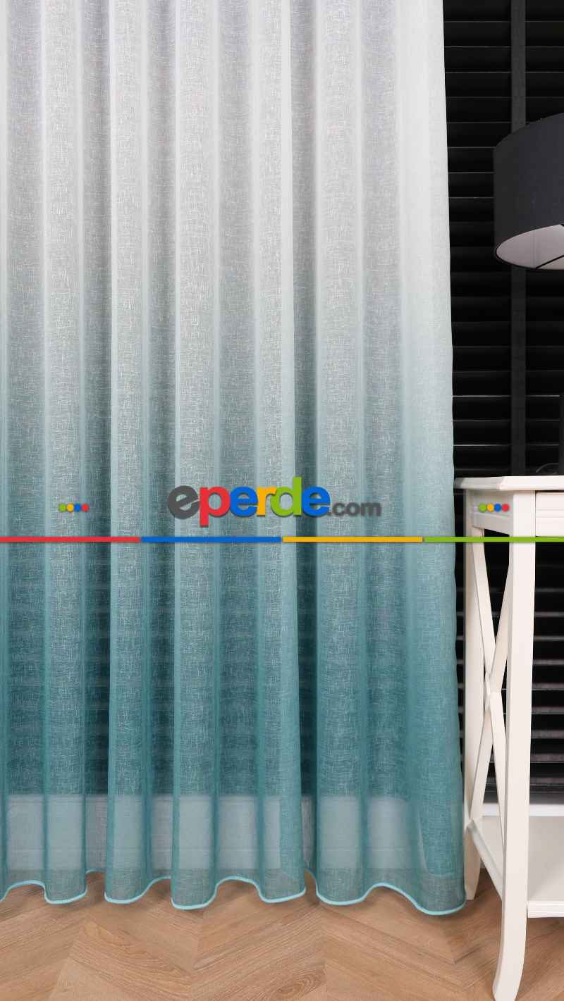 Keten Ekru Yeşil Degrade Geçişli Tül Perde, Ağır Gramajlı Premium Seri, Eteği Kurşunlu