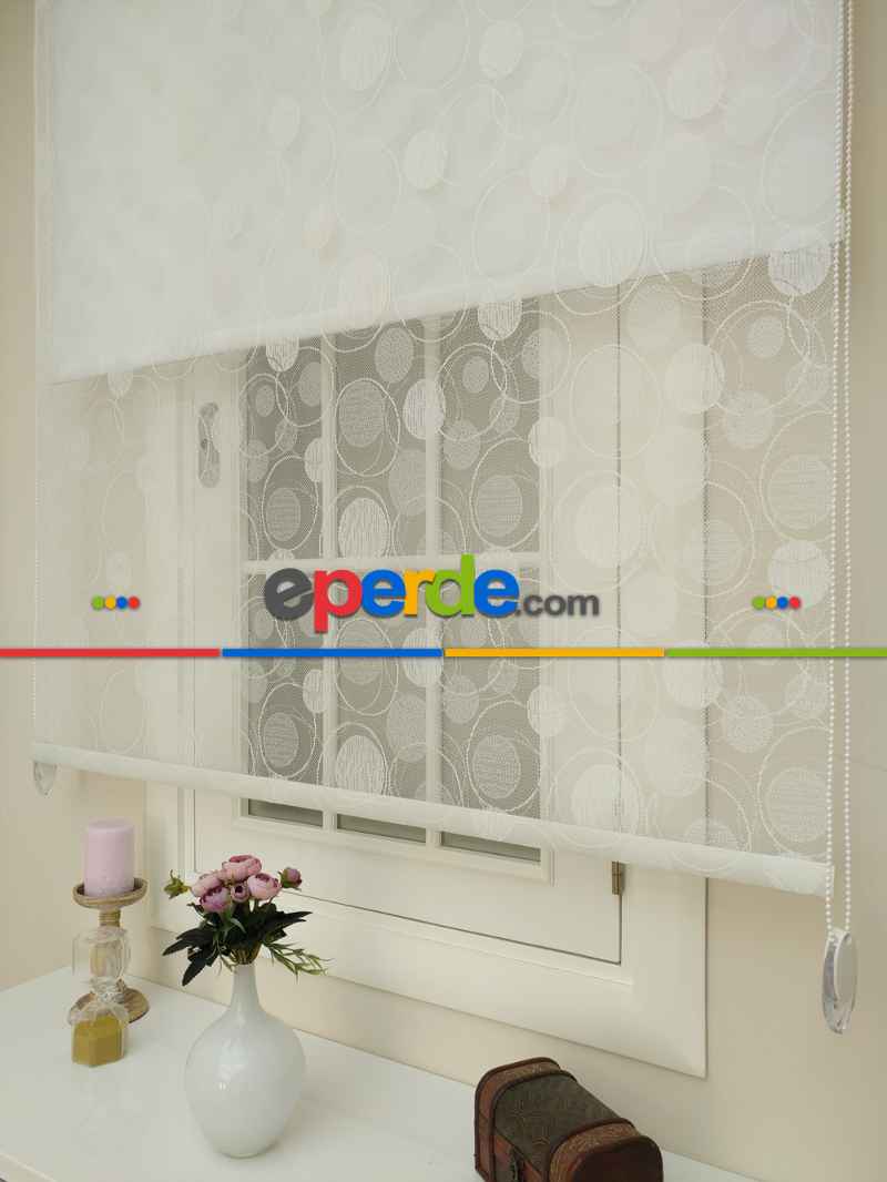 Jakar Örme Tül- Ekru Çiftli Sistem Dantel Desenli Perde- Ekru