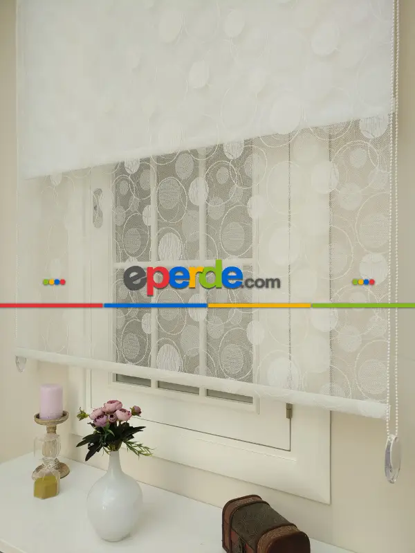 Jakar Örme Tül- Ekru Çiftli Sistem Dantel Desenli Perde- Ekru