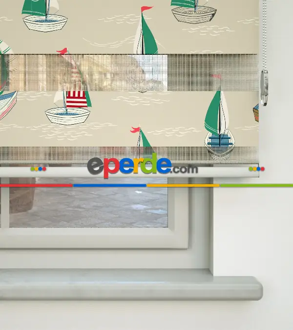 Bebek Odası Zebra Perde - Gemi Desen Baskılı Zebra Perde- Yeşil-Kırmızı-Bej