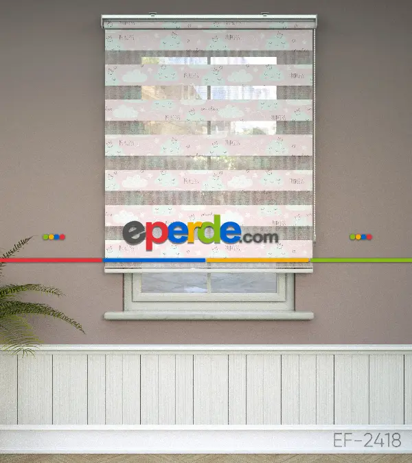 Bulut Desenli Baskılı Zebra Perde- Çok Renkli