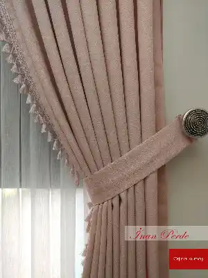 Pudra Pembe Renk Saçaklı Fon Perde- Pembe Açık