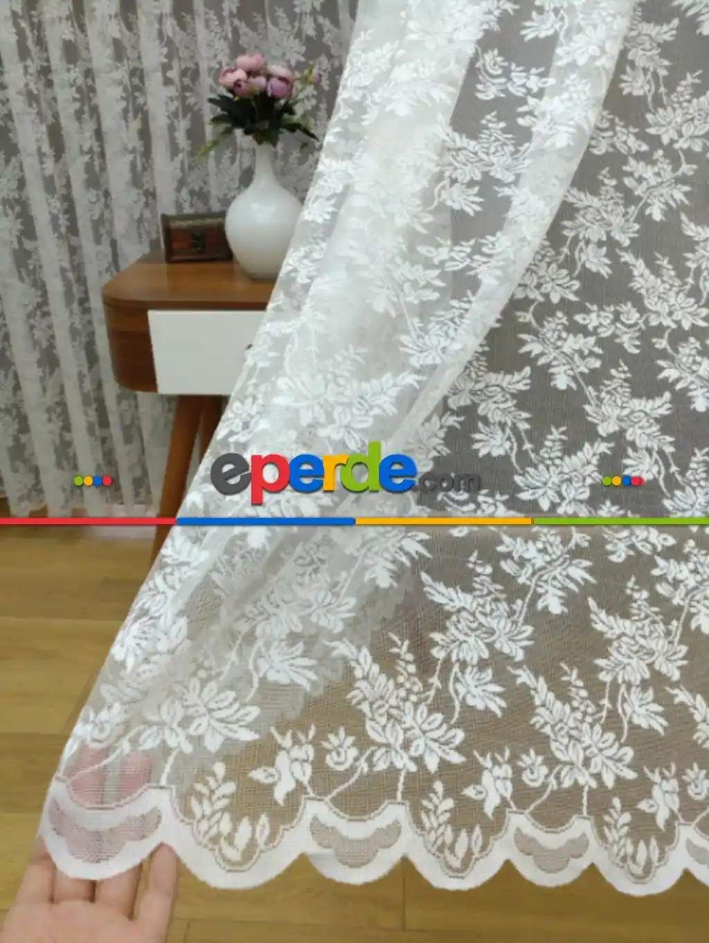 Çiçek Desenli Fransız Dantel Tül Perde ( Hazır Ölçü 1/2.5 Normal Pile )- Ekru 200cm X 195cm 