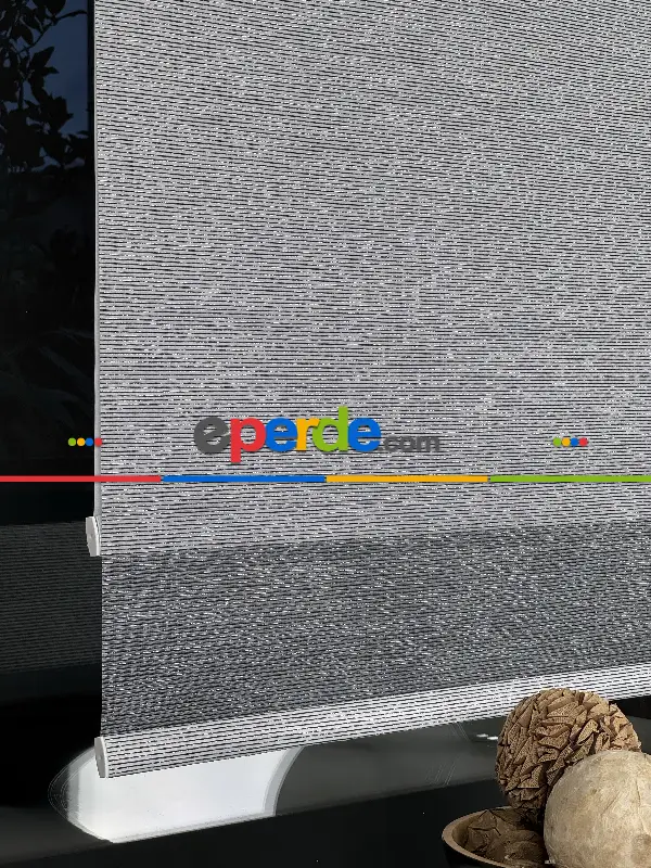 Gri Antrasit Simli Çiftli Sistem Tül Stor Perde, Standart Metal Kasalı Yüksek Kalite Kornişe Kolay Montaj Seçenekli