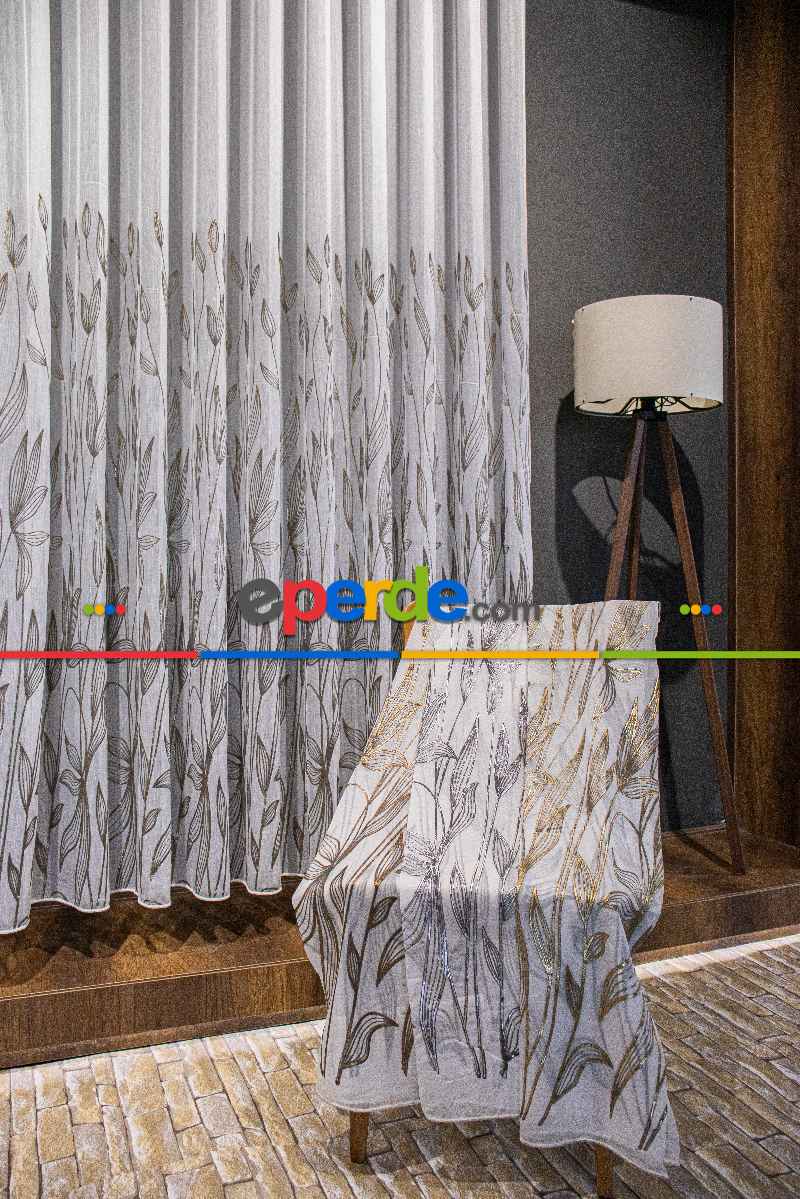Oturma Odası - Altın/gümüş/bakır Kabartmalı Yaprak Desenli Tül Perde - Armür Dokuma Keten Efektli