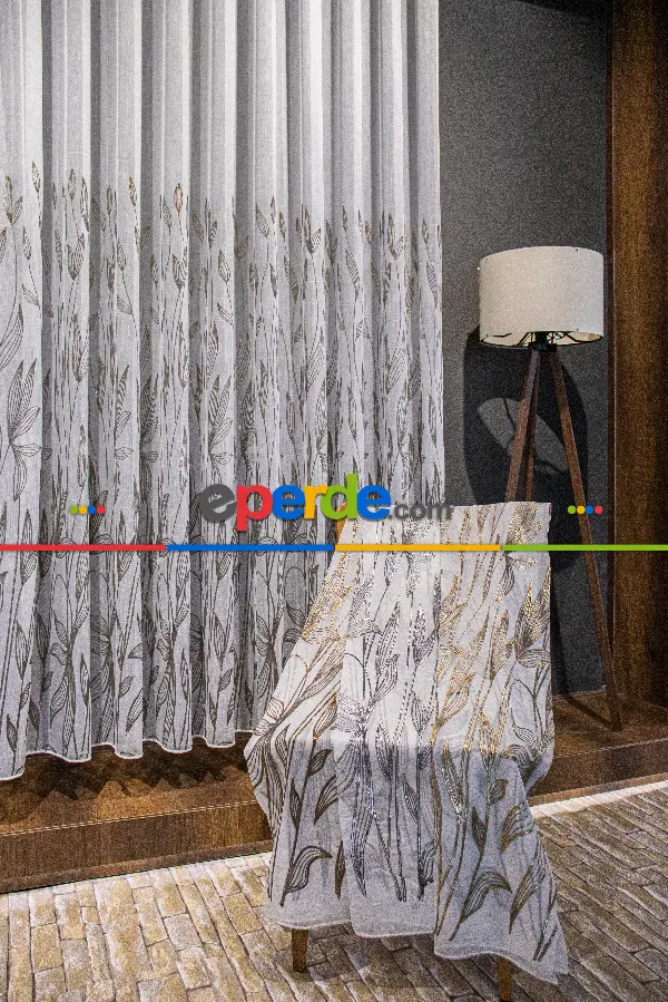 Salon - Altın/gümüş/bakır Kabartmalı Yaprak Desenli Tül Perde - Armür Dokuma Keten Efektli