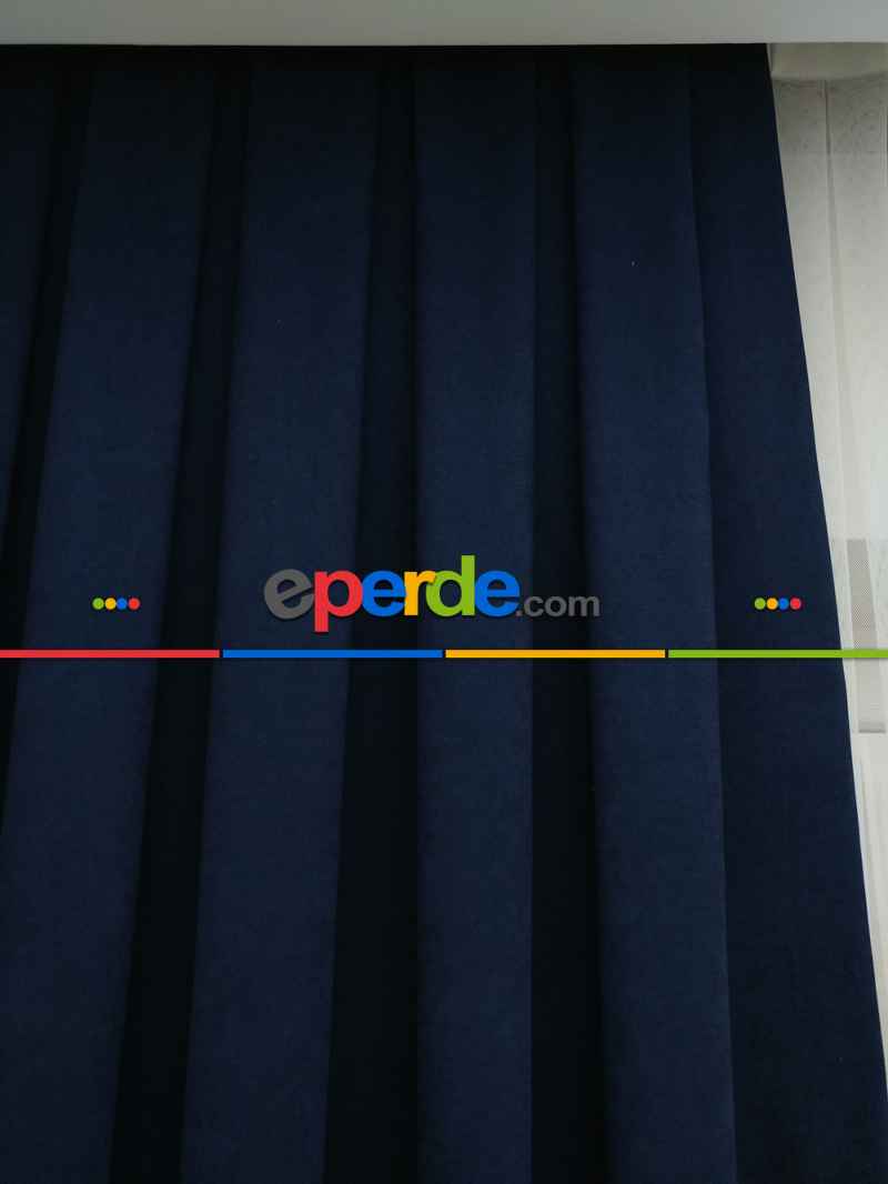 Koyu Lacivert Düz Fon Perde - Boru Pile- Lacivert