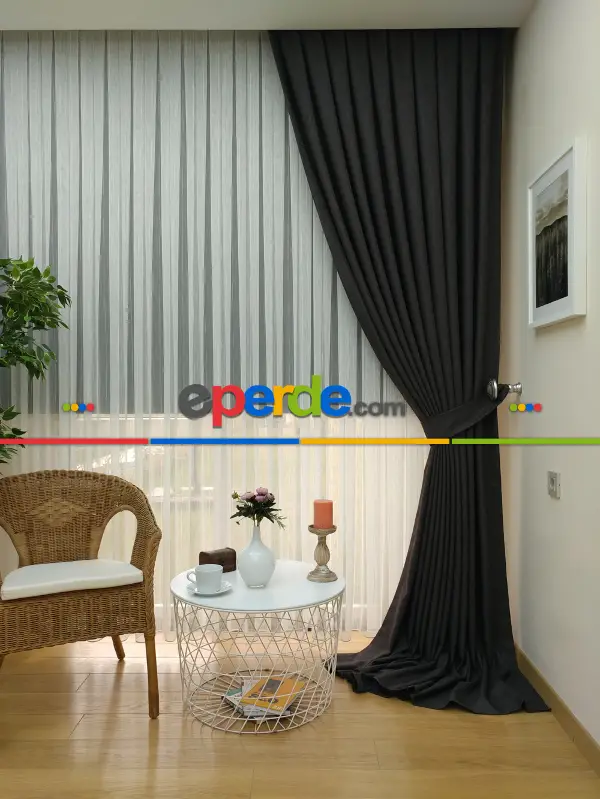 Yatak Odası - Keten Füme Antrasit Renk Düz Fon Perde (  )- Füme