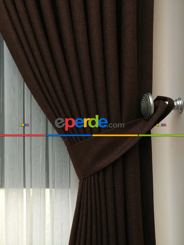 Yatak Odası - Keten Koyu Kahve Renk Düz Fon Perde- Kahve Koyu