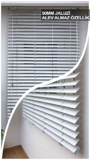 50mm Beyaz Ahşap Efektli Jaluzi Perde Alev Almaz Özellik- Beyaz