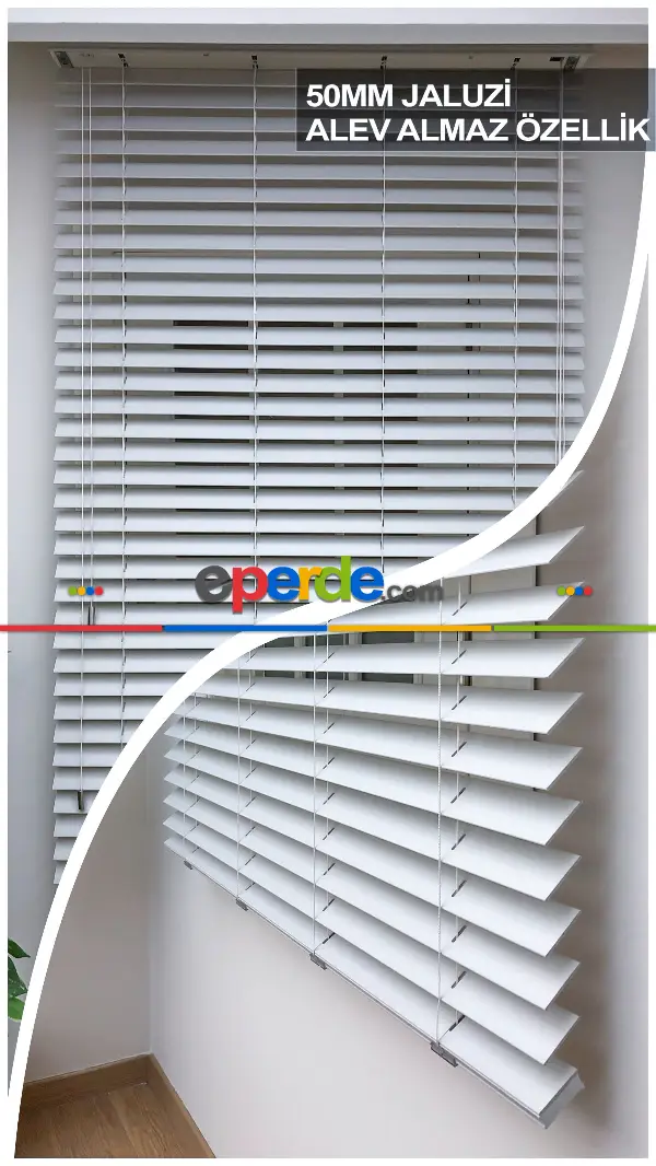 50mm Beyaz Ahşap Efektli Jaluzi Perde Alev Almaz Özellik- Beyaz