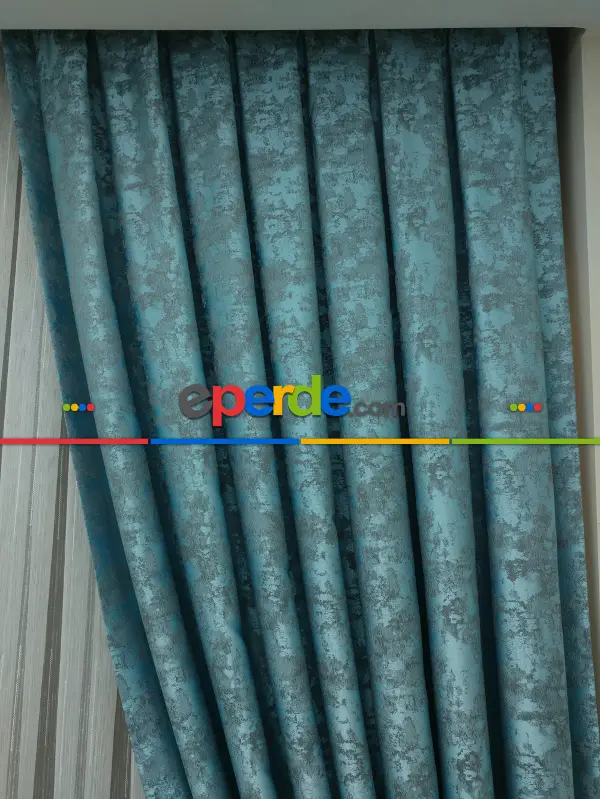 Açık Mavi Renk Jakar Desenli Fon Perde- Mavi Açık-mavi Grimsi