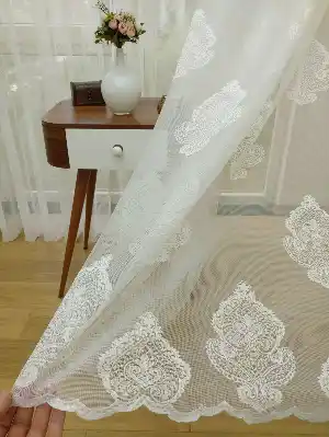 Damask Desenli Özel Örme Dokulu Tül Perde ( Hazır Ölçü 1/2.5 Normal Pile )- Ekru 200cm X 195cm 