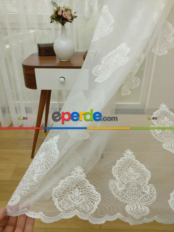 Damask Desenli Özel Örme Dokulu Tül Perde ( Hazır Ölçü 1/2.5 Normal Pile )- Ekru 200cm X 195cm 