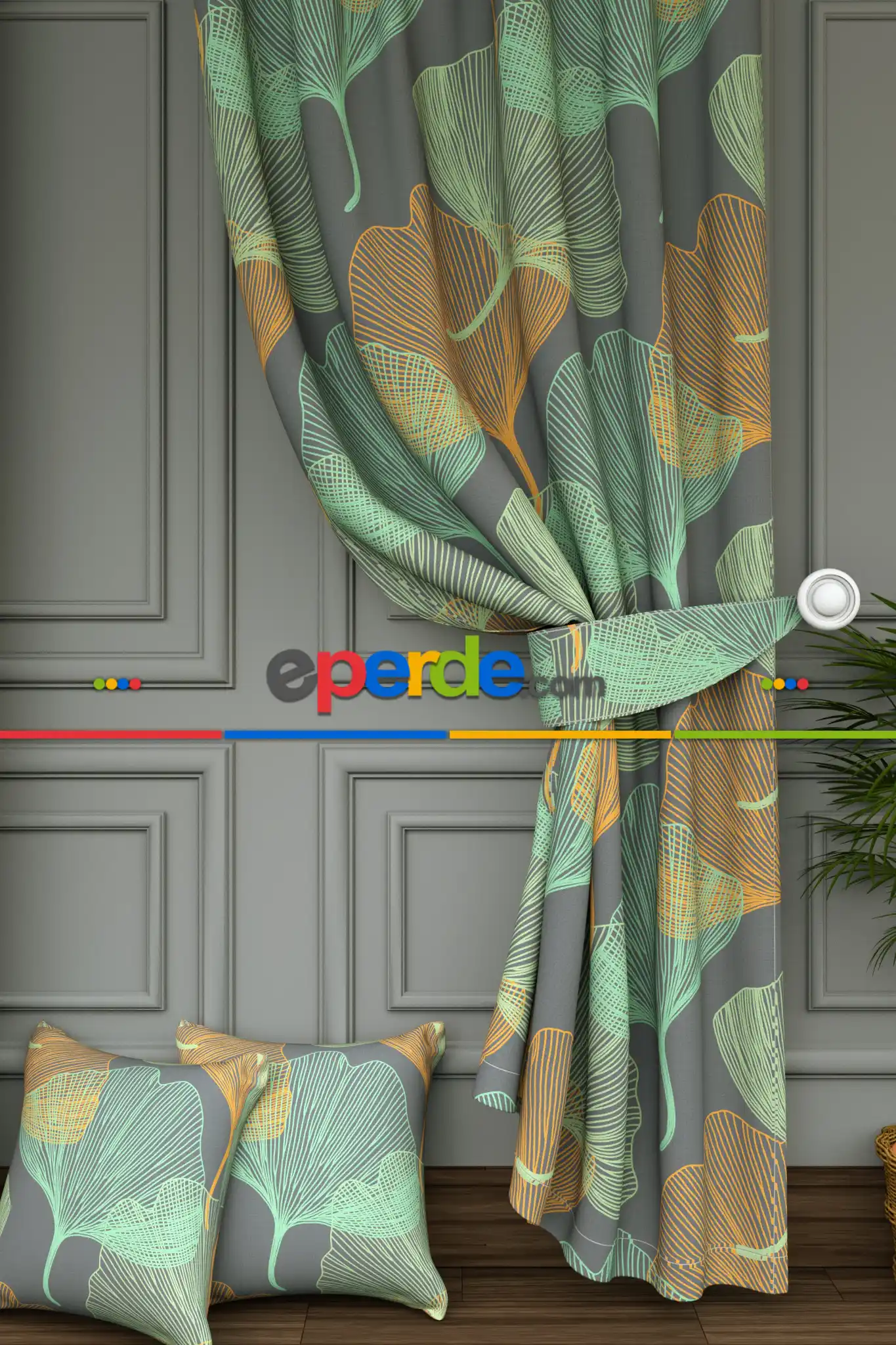 Dökümlü Kumaştan Salon - Tropikal Çizgili Yaprak Desenli Baskılı Fon Perde- Yeşil-gri-füme-antrasit-turuncu