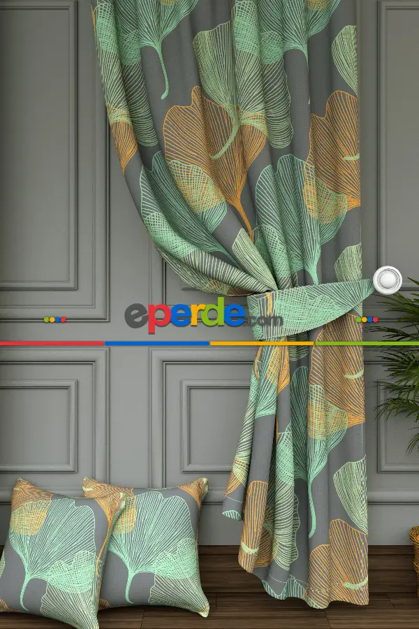 Yatak Odası - Dökümlü Kumaştan Tropikal Çizgili Yaprak Desenli Baskılı Fon Perde- Yeşil-Gri-Füme-Antrasit-Turuncu